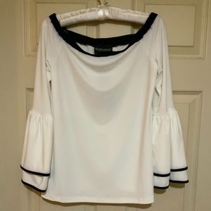 Frank Lyman Design Montreal Blouse White Black Trim Double Bell Sleeves